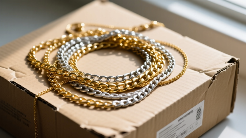 Top-down view of tangled gold and silver necklaces resting on a cardboard moving box surface in soft natural window light.