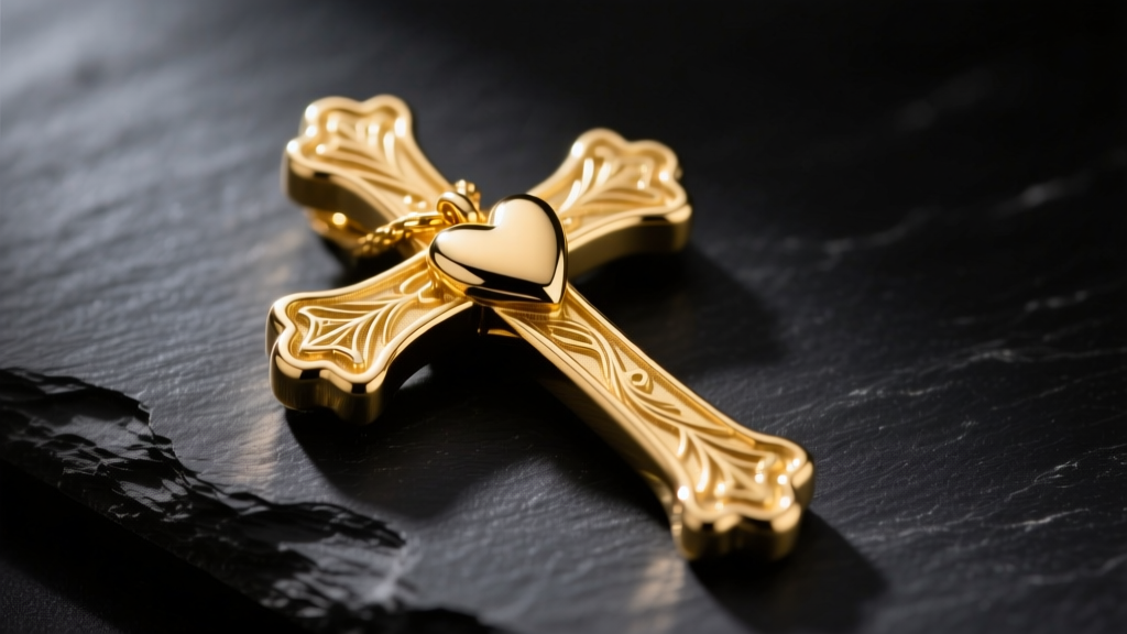 Macro shot of a polished 14k yellow gold cross with a heart necklace pendant resting on dark slate with dramatic studio lighting.