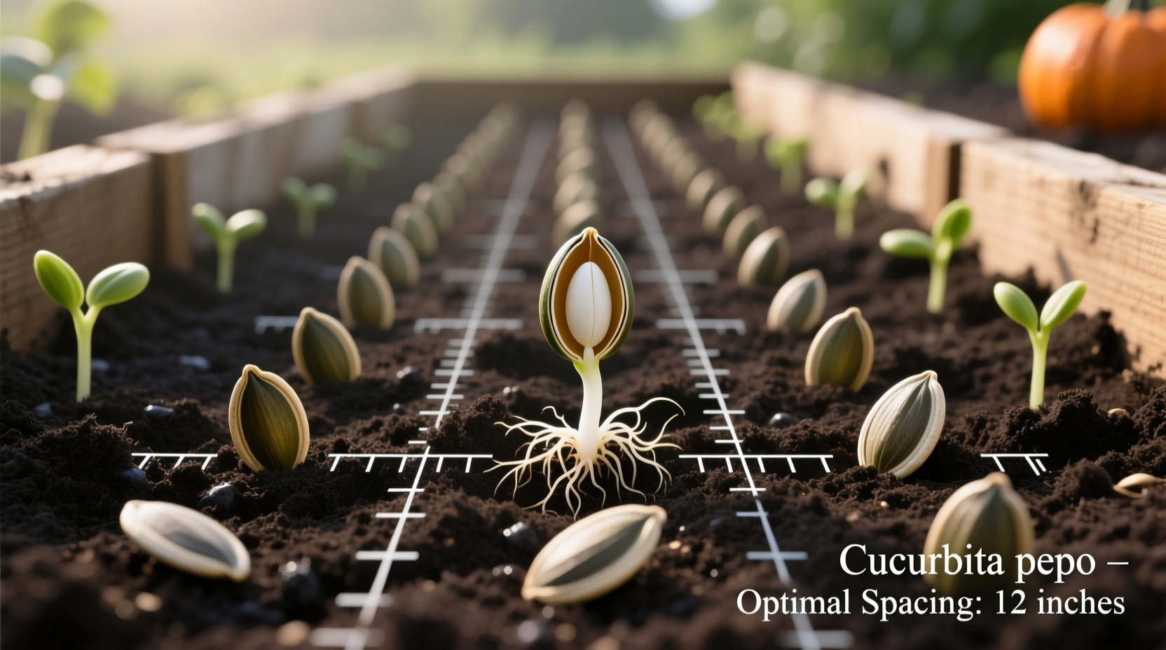 Pumpkin seeds planted in garden soil with proper spacing