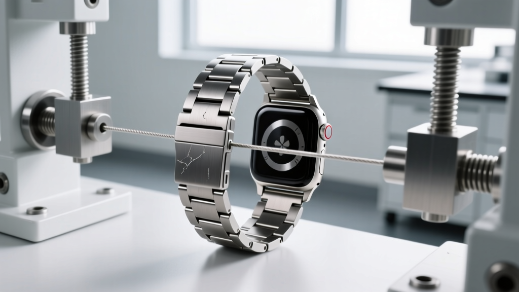 Close-up of a titanium quick-release smartwatch band being subjected to a mechanical tensile pull test in a laboratory setting.