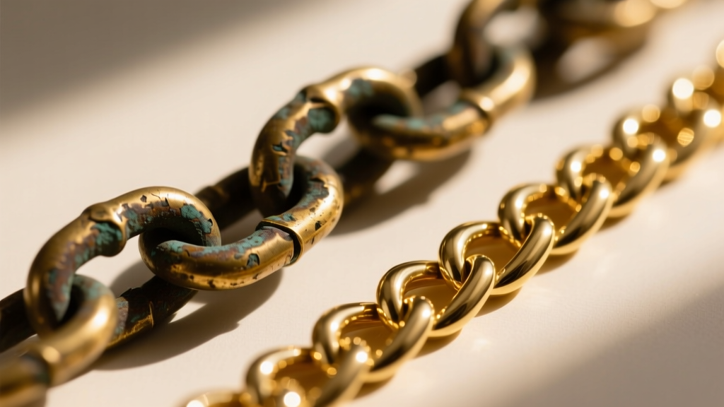 Macro view of a tarnished brass chain next to a pristine solid 14k gold chain, illustrating long-term jewelry wear and oxidation.