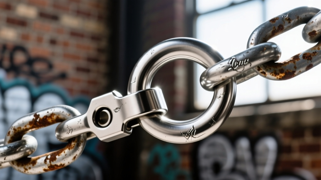 Extreme close-up of a heavy-gauge stainless steel lobster clasp and thick jump ring attached to an oxidized silver streetwear chain.