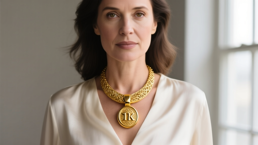 Close-up of a woman wearing a heavy 14k yellow gold signet pendant necklace over a silk blouse, symbolizing modern empowerment.