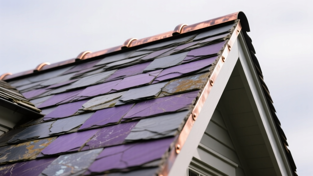 Close-up of graduated purple and gray slate roofing tiles installed with copper flashing on a steep-pitch historic home exterior