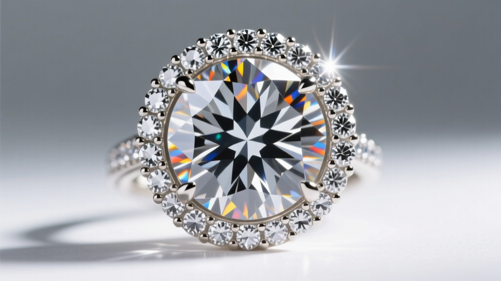 Macro shot of a large round diamond in a halo setting, revealing tiny pave melee stones under bright, focused jewelry lighting.