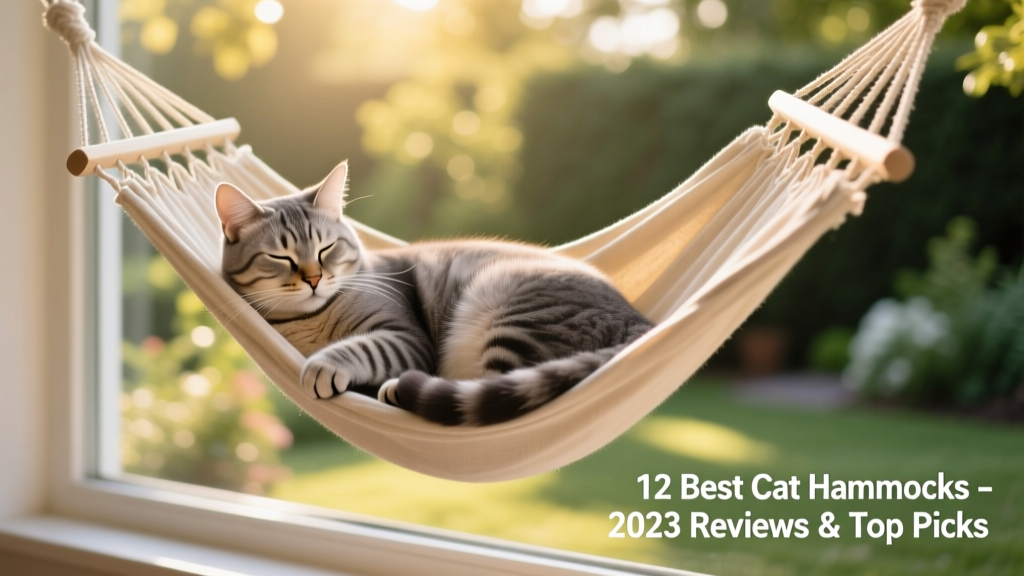 A gray tabby cat napping peacefully in a suspended cotton hammock beside a sunlit window