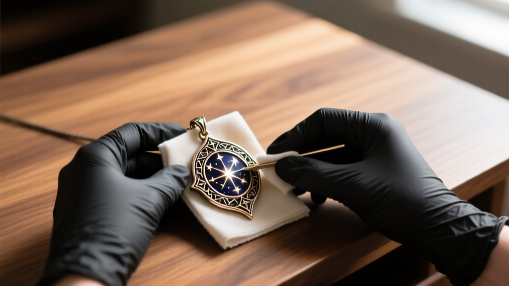 Hands in black nitrile gloves gently polishing a detailed FFXIV Astrologian card pendant with a microfiber cloth on a wooden desk