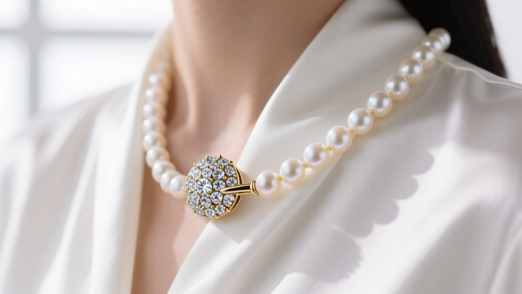 Elegant 14k white gold diamond ball clasp connecting a strand of cream South Sea pearls against a crisp white silk blouse.