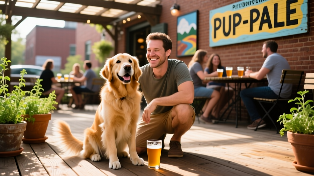 A cheerful dog sitting beside their owner on a sunny patio at a Pittsburgh brewery