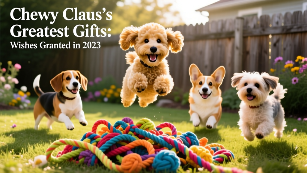 Hudson the mini Labradoodle gleefully leaping over a pile of rope toys in his backyard, surrounded by other dogs