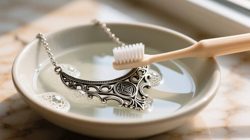 Soft-bristled baby toothbrush gently cleaning intricate crevices of an oxidized silver drawing necklace in a bowl of soapy water.