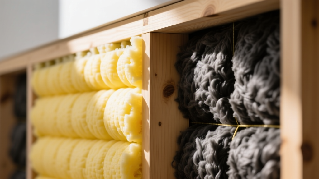 Cross-section showing yellow closed-cell spray foam and dark mineral wool batts installed side-by-side in wooden wall stud cavities