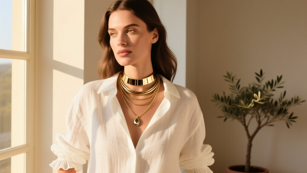 Woman wearing layered stainless steel gold necklaces over a white linen shirt, showcasing a choker and pendant in warm sunlight