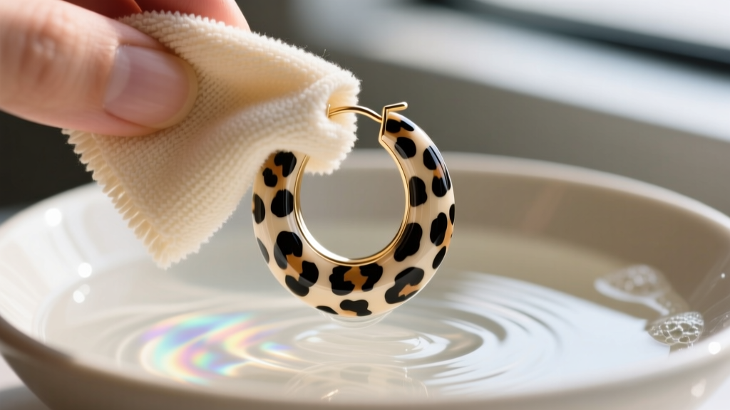 Microfiber cloth wiping an acrylic leopard print huggie hoop earring, with a bowl of soapy water blurred in the soft background