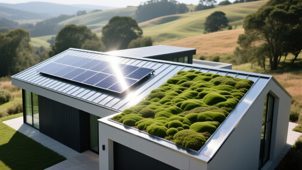 Aerial view of a modern home featuring a standing seam metal roof with integrated solar shingles and a partial sedum green roof section