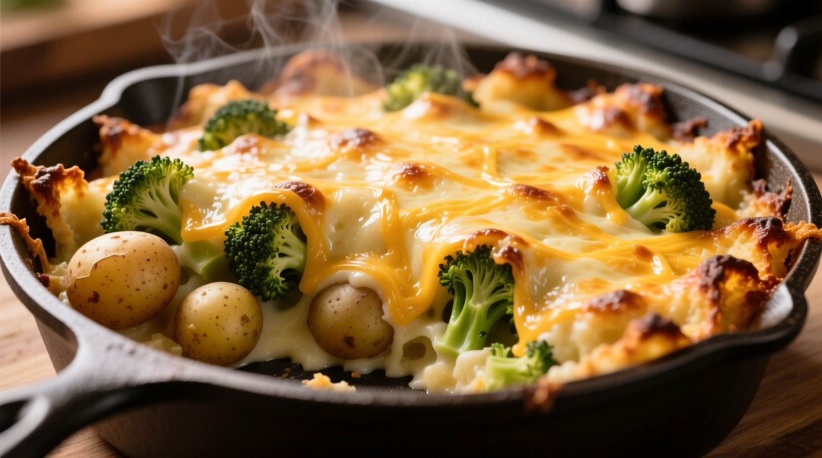 Golden broccoli potato casserole with melted cheese topping