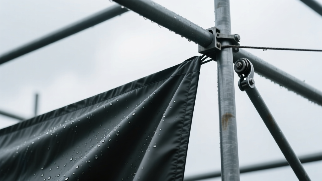 Close-up of heavy-duty polyurethane-coated nylon waterproof fabric material being tensioned over a steel scaffolding frame on a cloudy day.