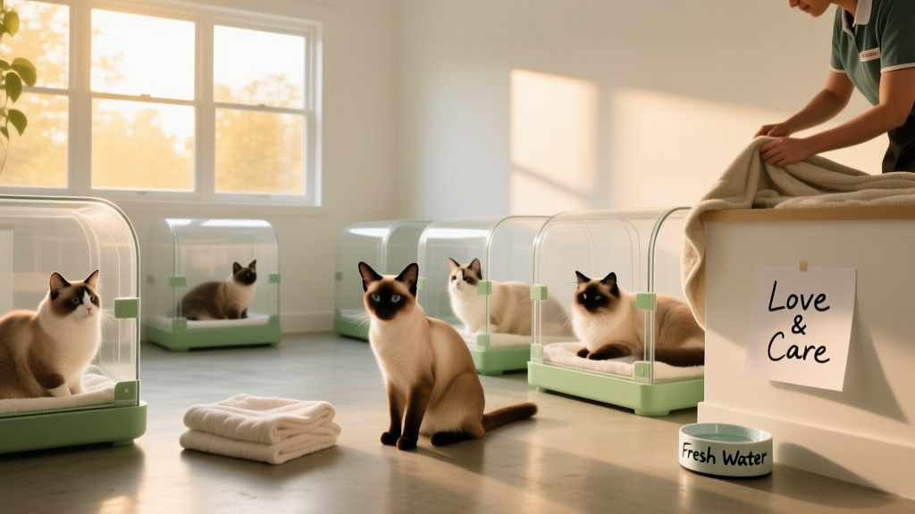 A calm, well-lit shelter room with cats in clean enclosures, showing compassionate care