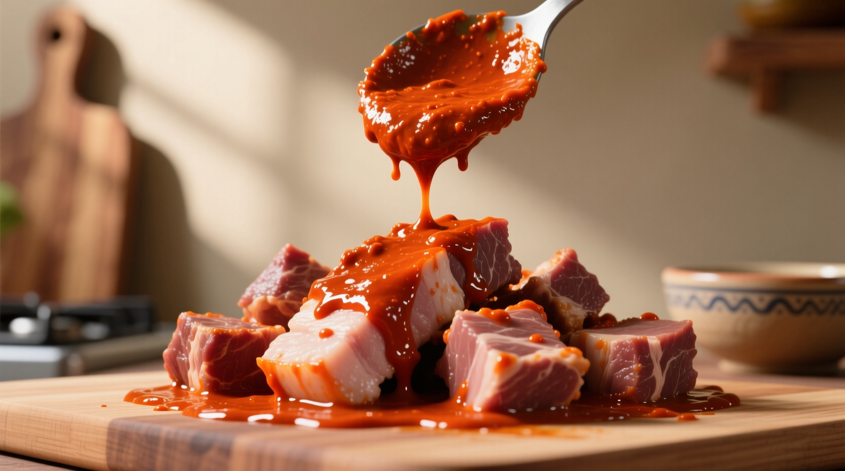 Weekend cooking session showing achiote paste marinating pork for cochinita pibil - color development matters more than flavor intensity in traditional preparation