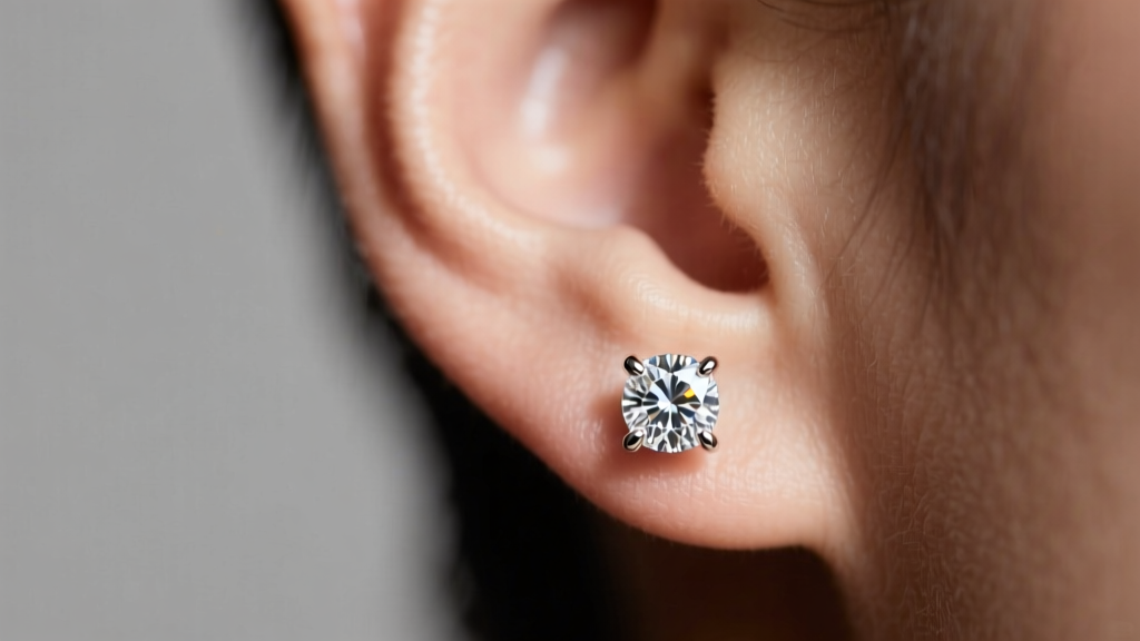 Close-up of an earlobe wearing a classic four-prong lab diamond stud earring in 14k white gold under soft studio lighting.