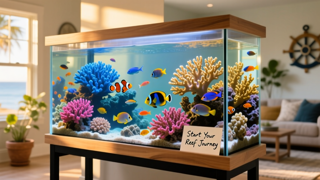 A well-maintained saltwater aquarium with colorful fish, corals, and live rock