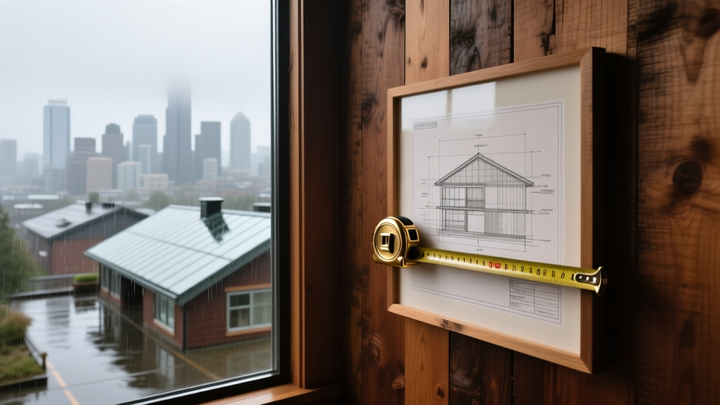 Architectural blueprints and a tape measure resting on a framed timber wall overlooking the Seattle skyline on a rainy morning