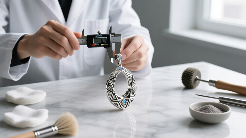 Jeweler using digital calipers to measure the post thickness of a heavy 3D charm earring on a workbench alongside polishing tools