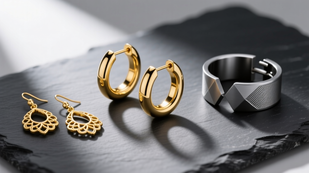 Flat lay of three earring pairs: solid 14k gold hoops, gold vermeil drops, and PVD titanium ear cuffs, arranged on dark slate.
