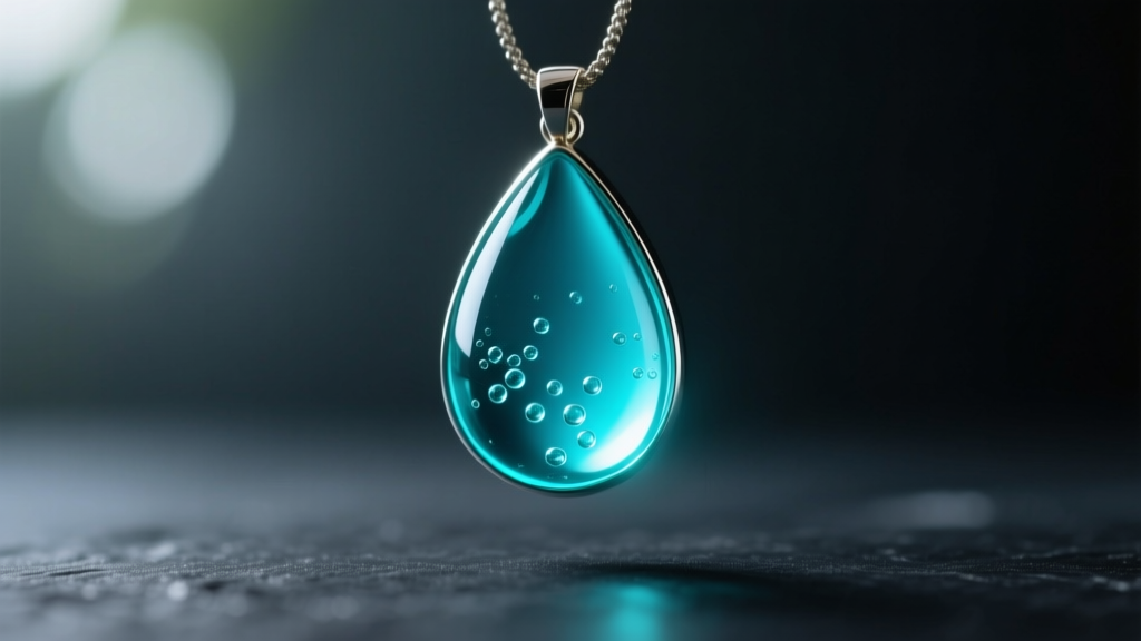 Macro shot of a teardrop mood pendant glowing vibrant turquoise on dark slate, soft lighting highlighting the glass capsule.