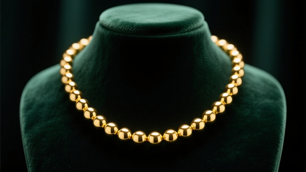18k yellow gold necklace with uniform 4mm polished gold beads draped over a dark velvet jewelry bust in soft studio lighting