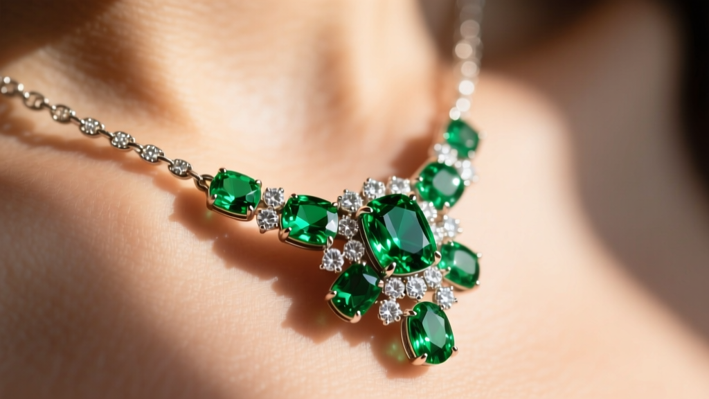 Close-up macro shot of a vibrant tsavorite garnet and diamond cluster pendant necklace catching natural window light on skin.