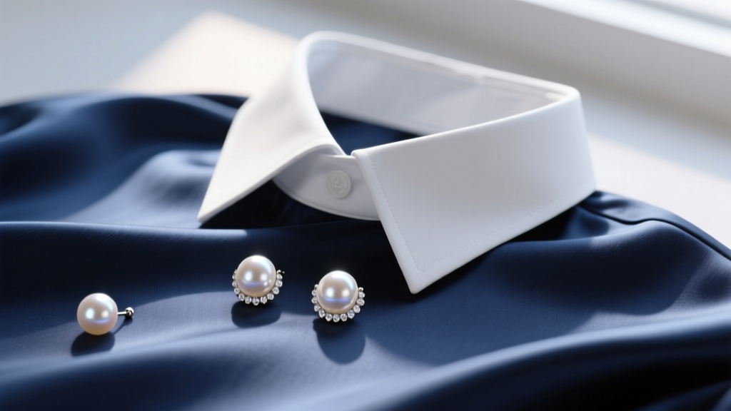 Glass pearl studs on navy silk beside a white shirt collar, lit by soft natural window light in a top-down flat lay composition.