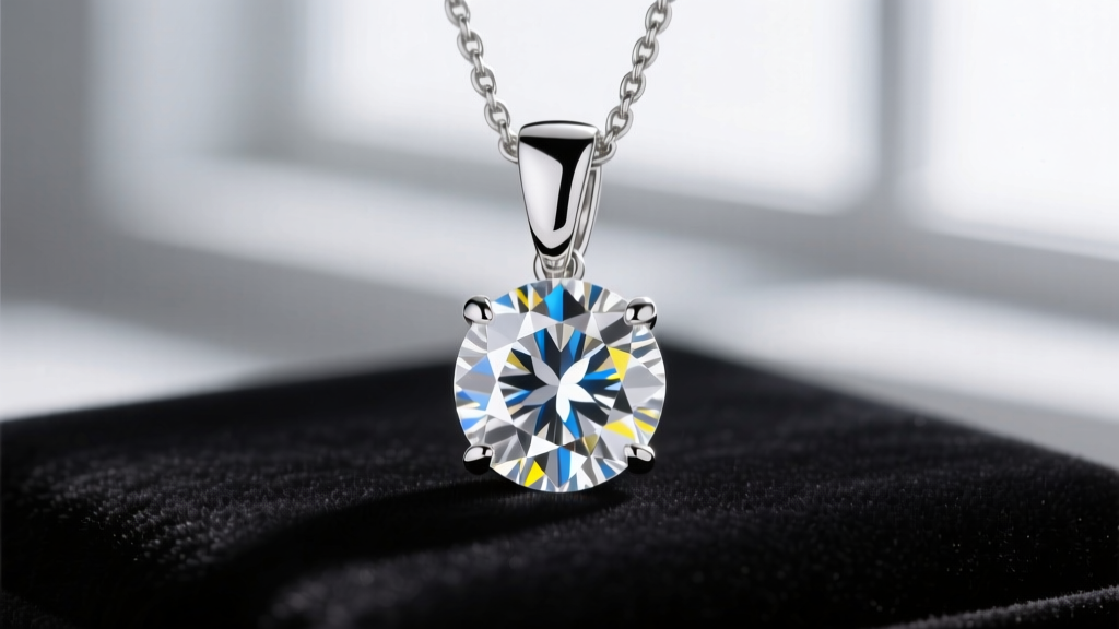 Macro photography of a 1-carat VVS lab-grown diamond solitaire set in a platinum bezel pendant, highlighting facet reflections.