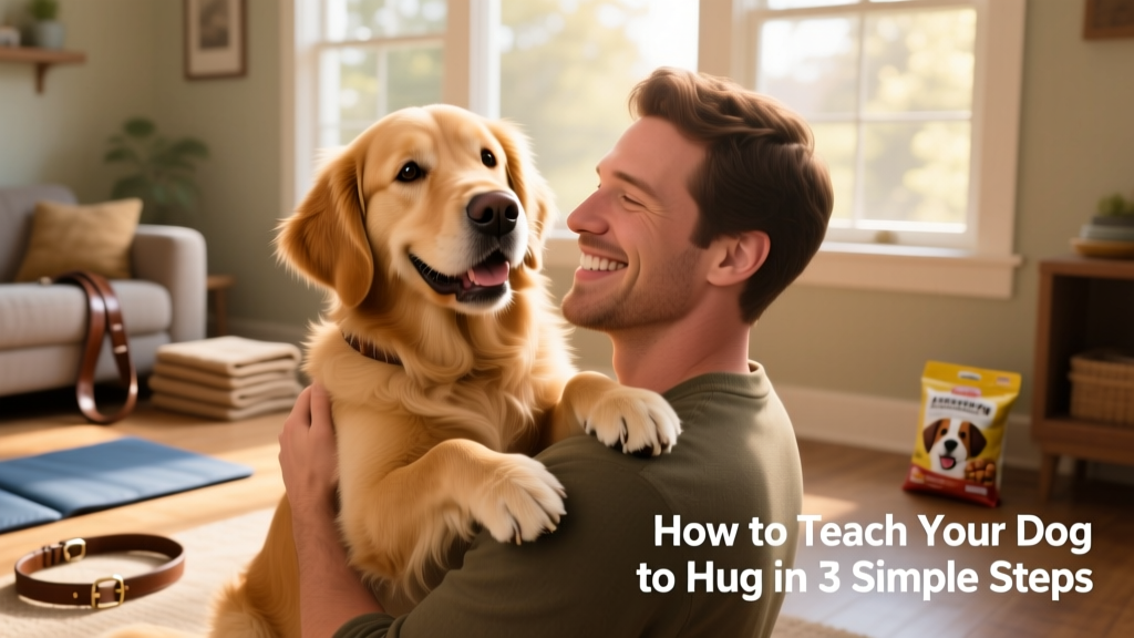 A happy dog gently resting its front paws on its owner's shoulders during a training session