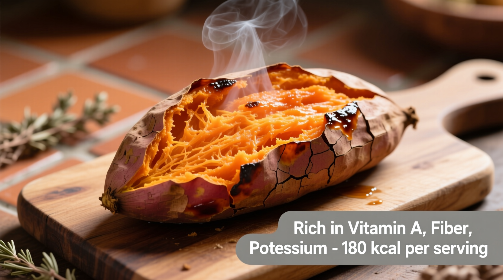 Baked sweet potato with skin showing nutrient content