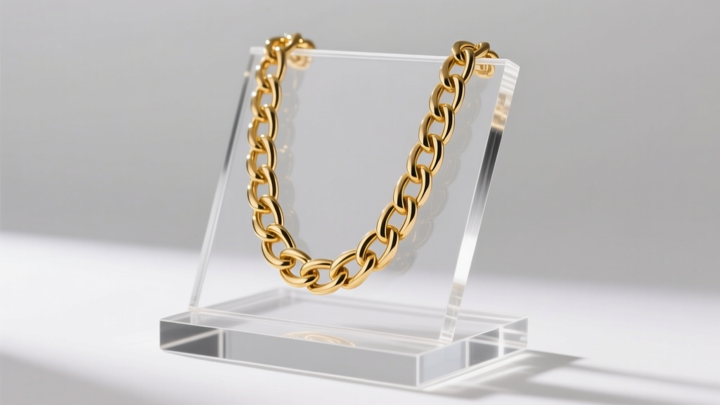 Clear cast acrylic necklace stand holding a heavy gold chain, showing optical clarity and polished edges in soft studio light.