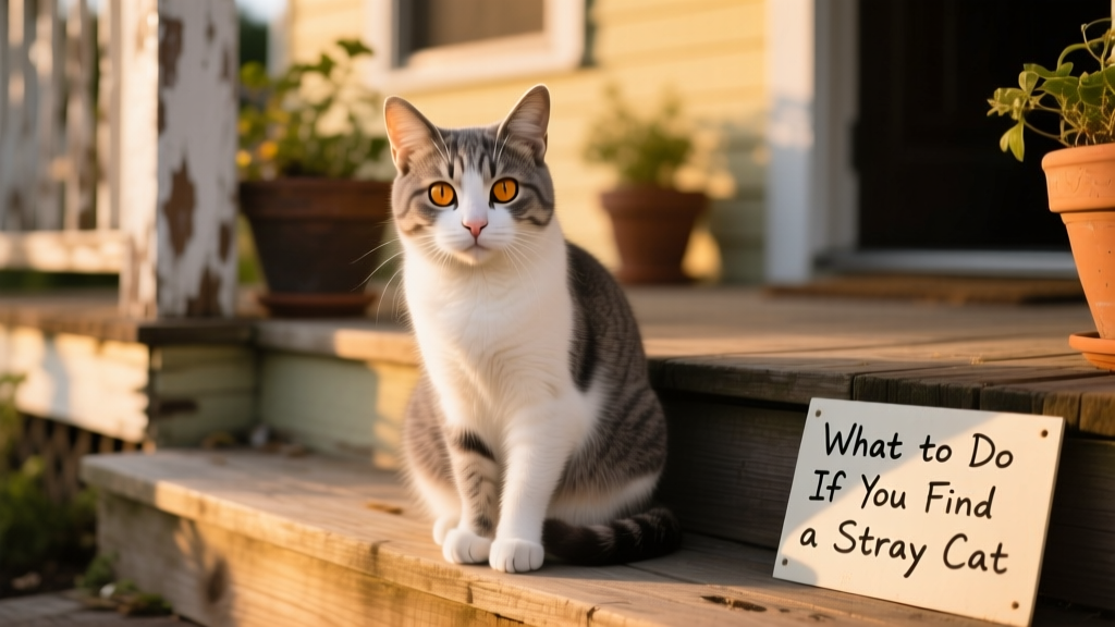 A gentle close-up of a calm, curious stray cat sitting on a sunlit porch step