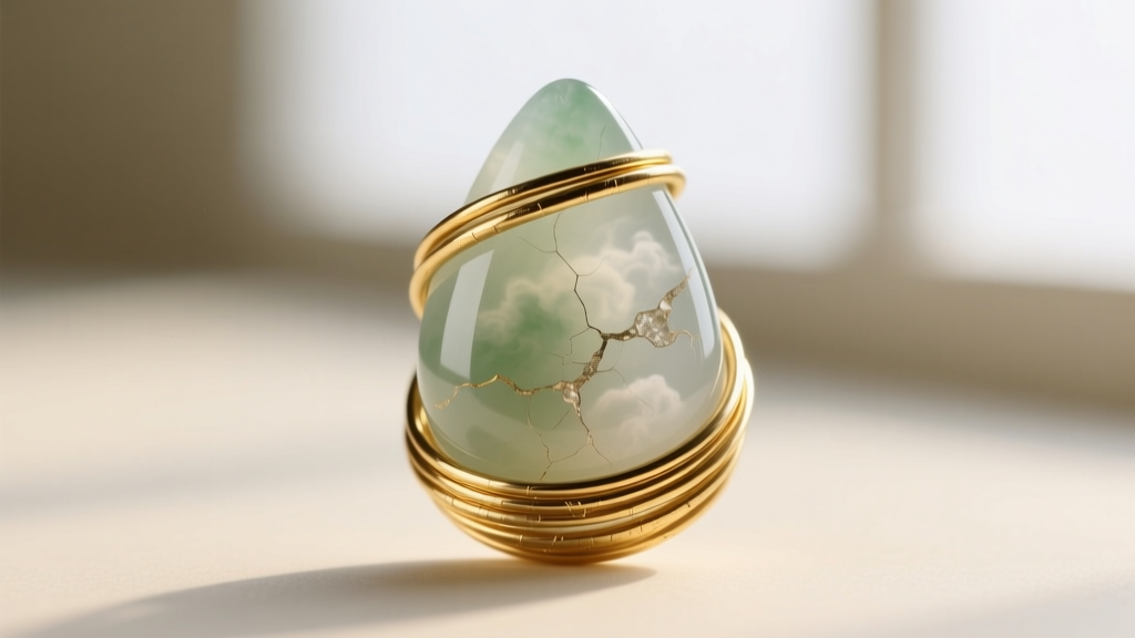 Macro shot of a 20-gauge gold wire wrapping a nephrite jade teardrop, highlighting metal texture and natural stone inclusions.
