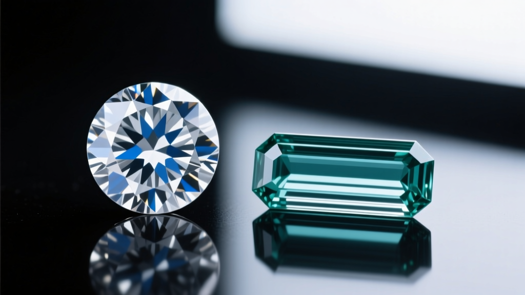 Close-up comparing facet patterns of a brilliant round cut and a step-cut emerald baguette under professional gemological lighting