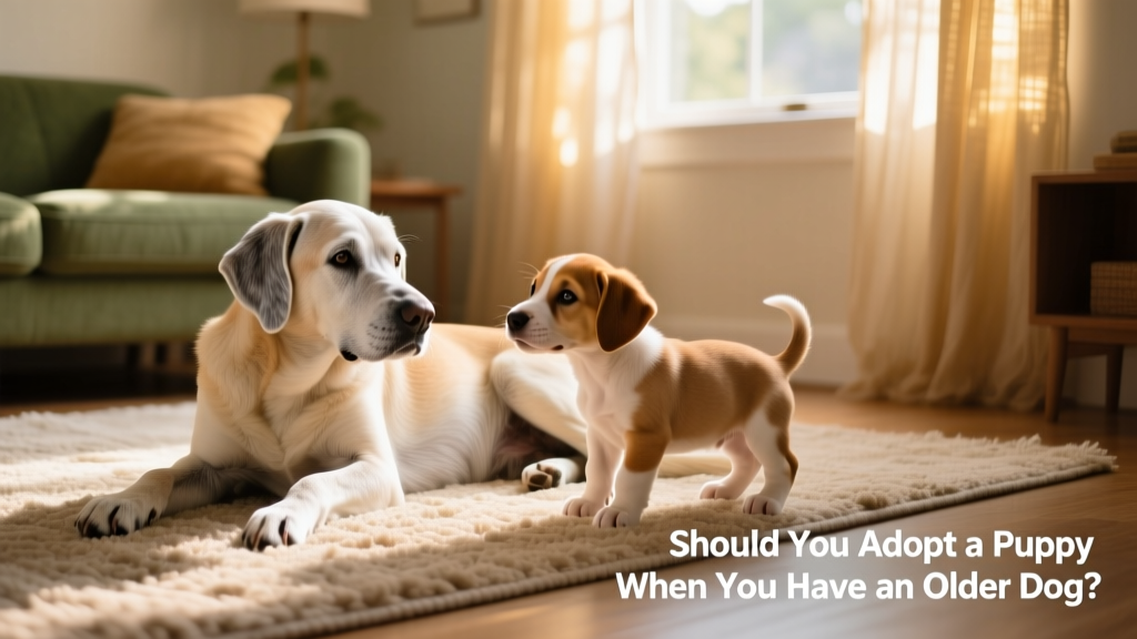 An older dog resting calmly beside a curious but gentle puppy on a sunlit living room rug