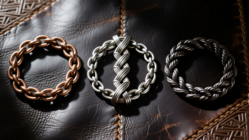 Overhead flat lay of three Viking chain weaves including Foxtail, King Braid, and Rope, laid out on dark weathered leather background