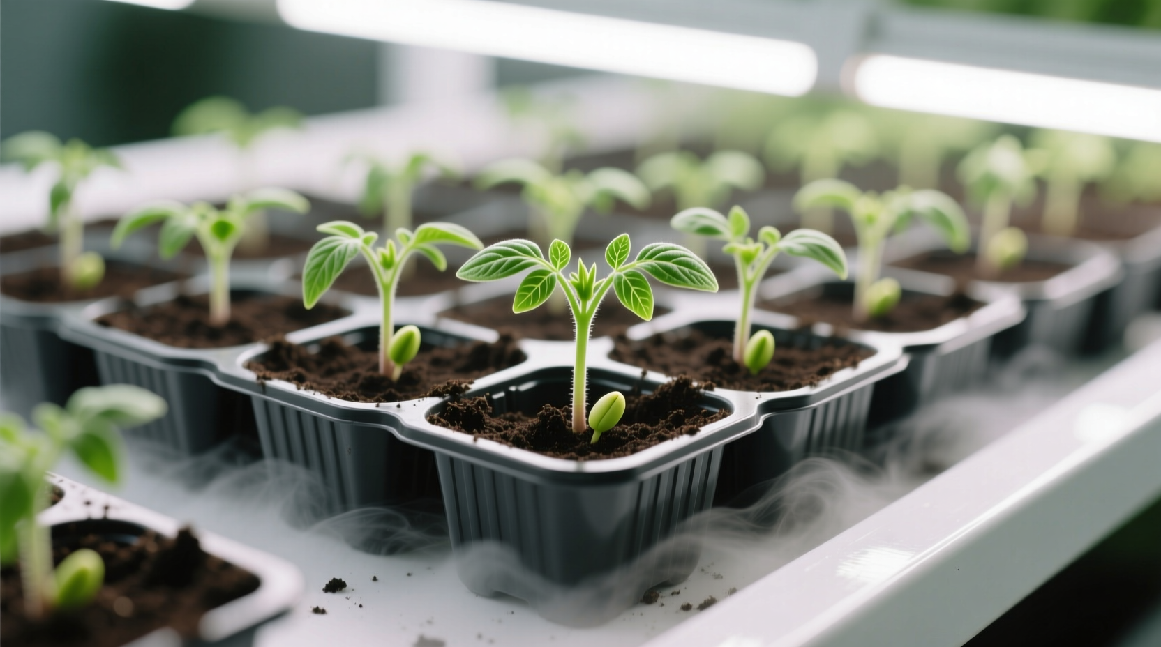 Tomato seedlings growing in starter trays with proper lighting