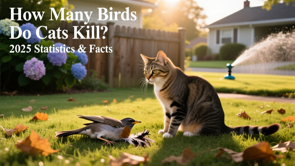 A domestic cat sitting near a fallen songbird in a suburban backyard