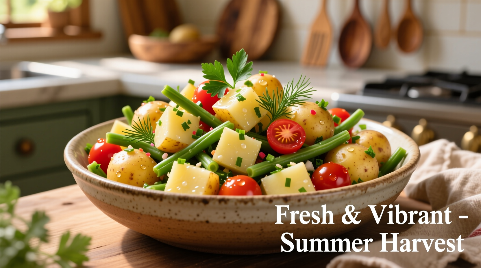 Colorful potato salad with fresh herbs and cherry tomatoes