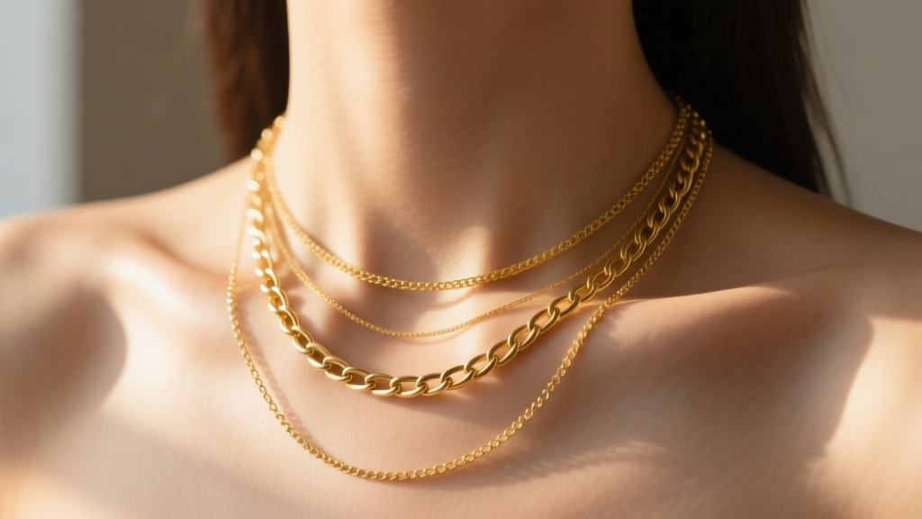 Close-up of collarbone showcasing three layered gold necklaces of varying chain thicknesses against soft, warm natural sunlight.