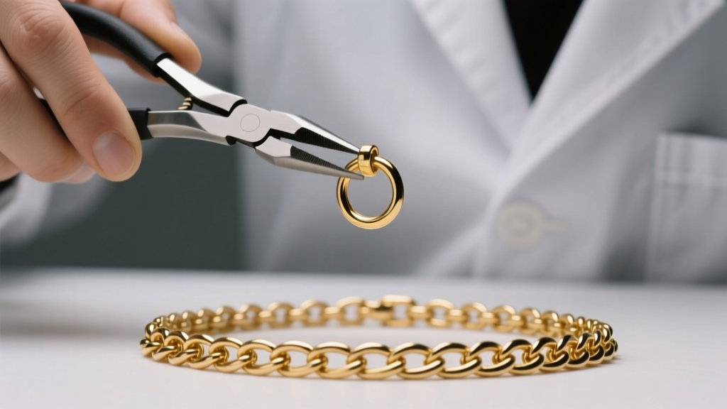 Jeweler using flat-nose pliers to fix a 20-gauge gold jump ring on a Dragonscale chainmail necklace under bright studio lighting
