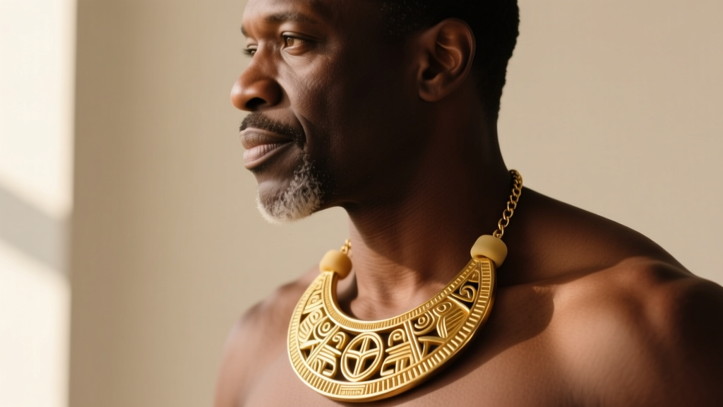 Side profile of a man wearing a heavy gold tribal pendant with a silicone comfort guard resting against the collarbone