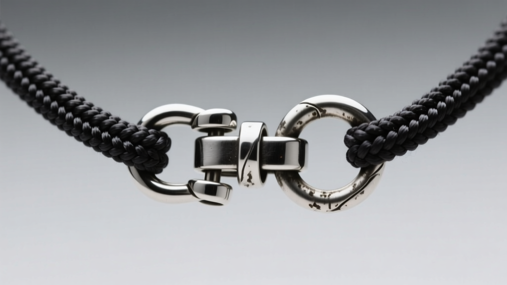 Macro shot of a sterling silver lobster clasp attached to a nylon paracord mens necklace, showing minor tarnish on the jump ring.