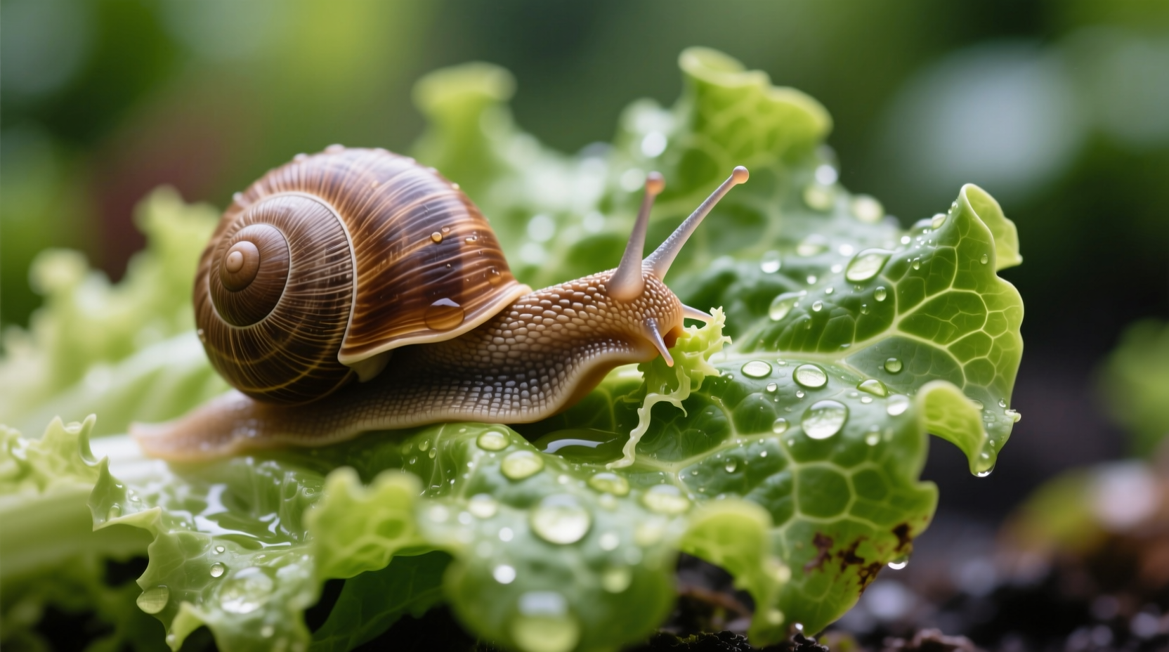 Close-up of garden snail eating lettuce leaf