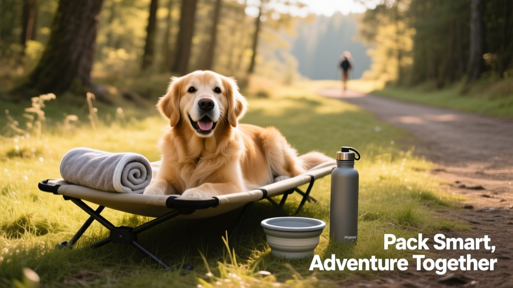 Dog happily lying on a compact travel bed beside a rolled-up towel, collapsible bowl, and water bottle on a grassy trailside